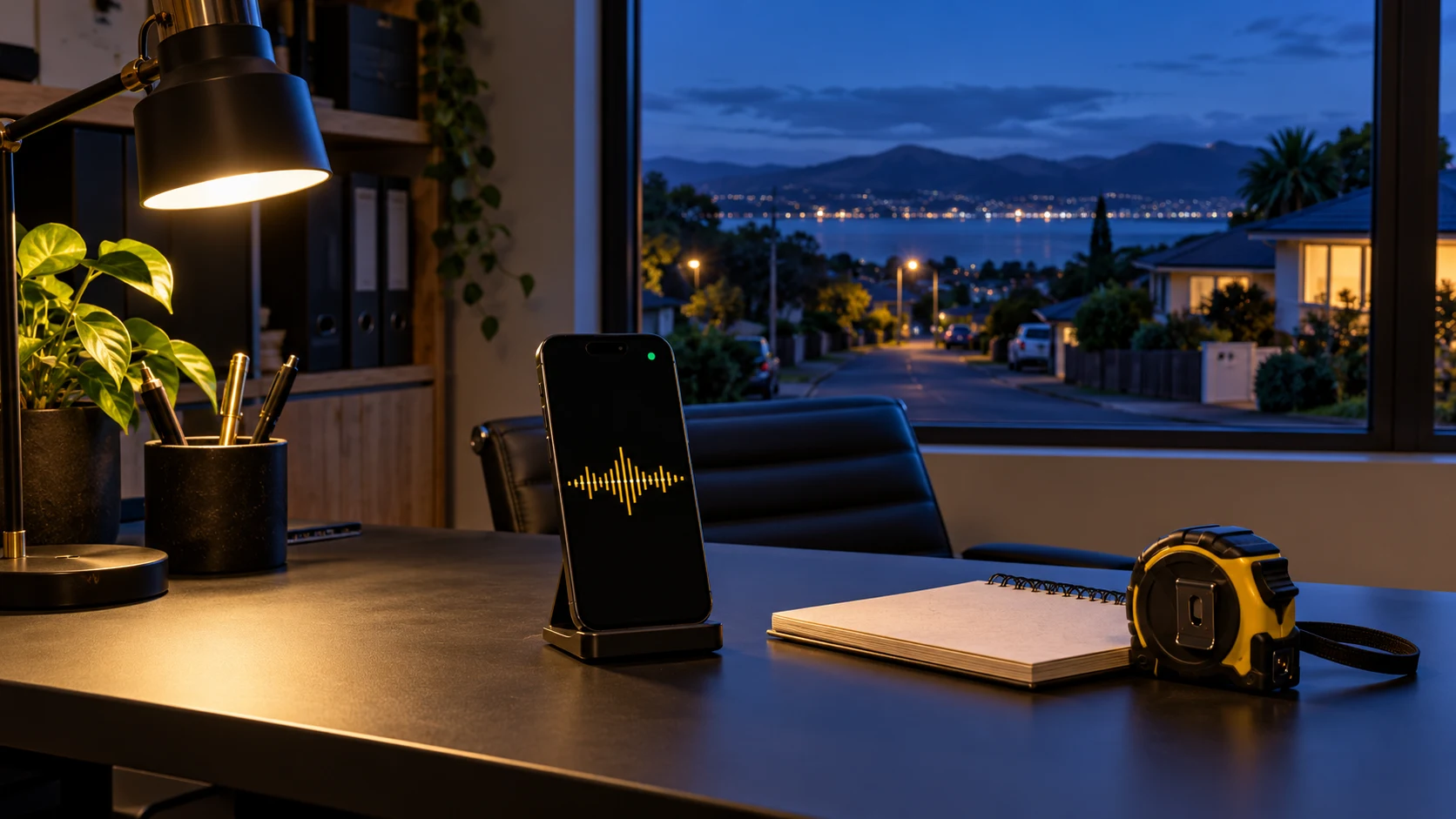 Illustration of an AI receptionist phone on a warmly lit desk after the office has closed