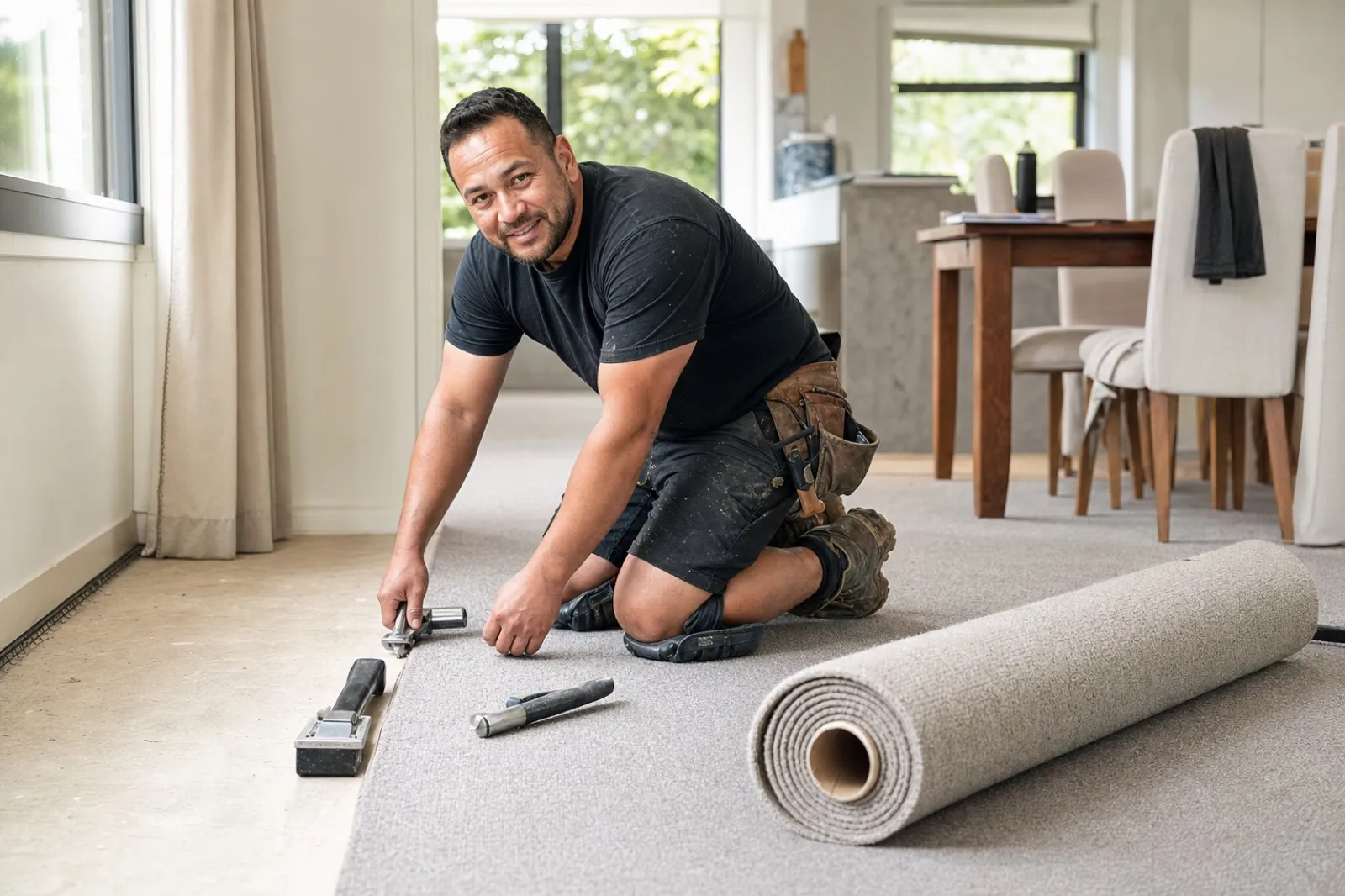 New Zealand carpet installer fitting carpet in a family home