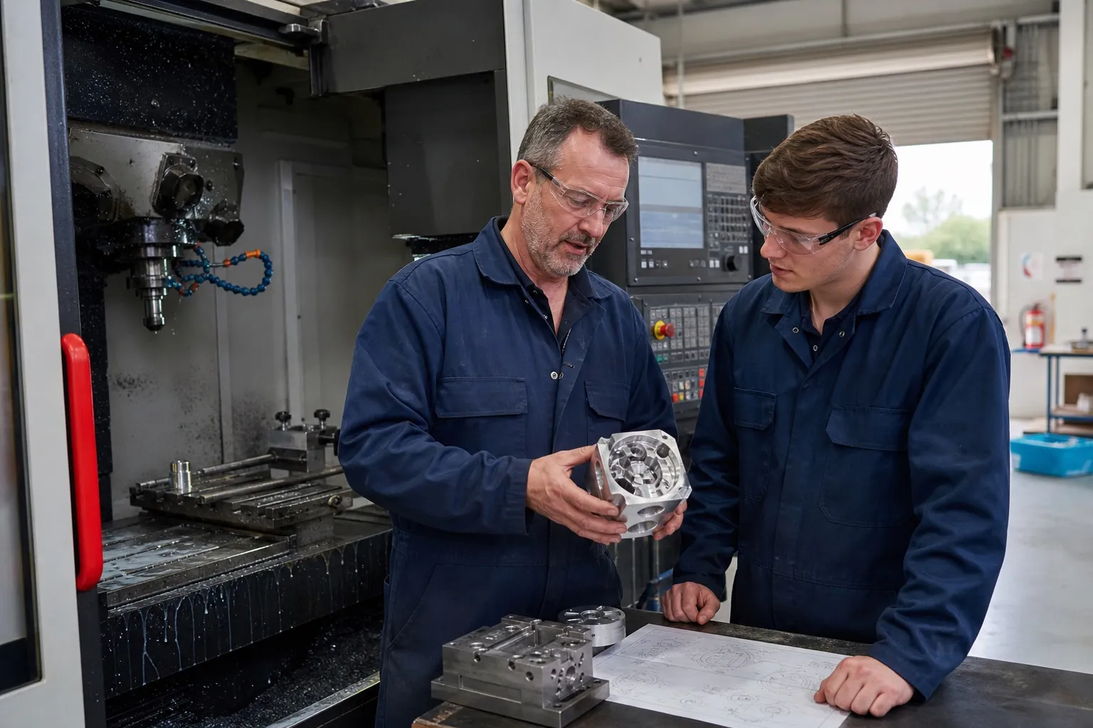 New Zealand precision engineers inspecting a machined component beside a CNC machine