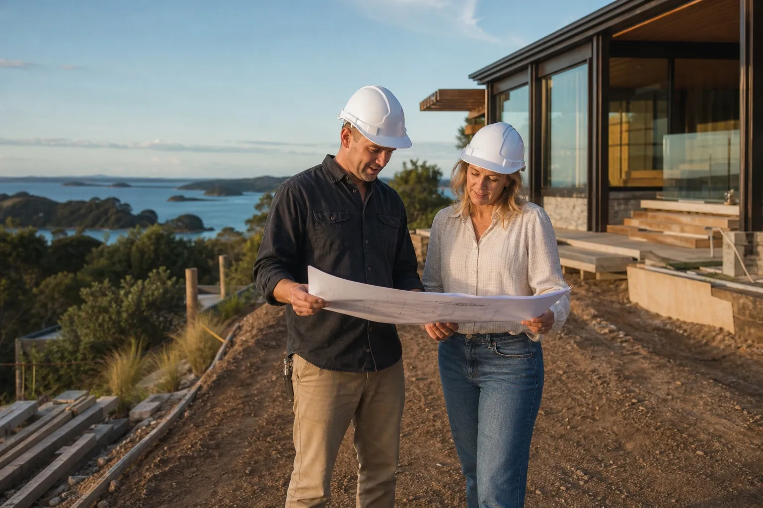 Waiheke builder and client reviewing plans beside a high-end island home