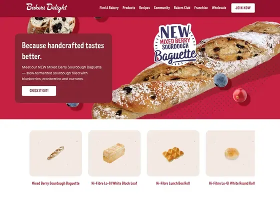Bakers Delight website showing its mixed berry sourdough range