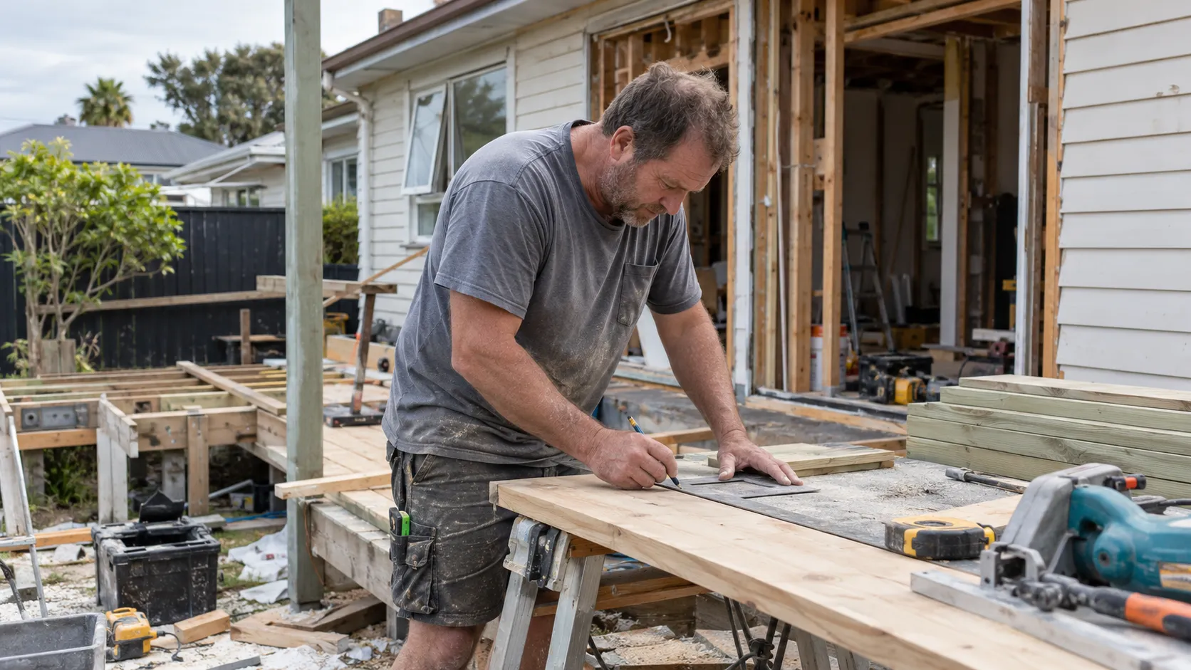 Illustrative scene of a builder marking timber during a weatherboard home renovation