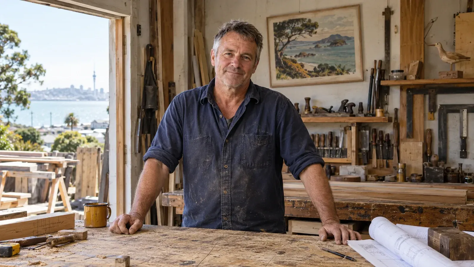 Illustrative scene of a builder in a timber workshop with well-used tools and a coastal print