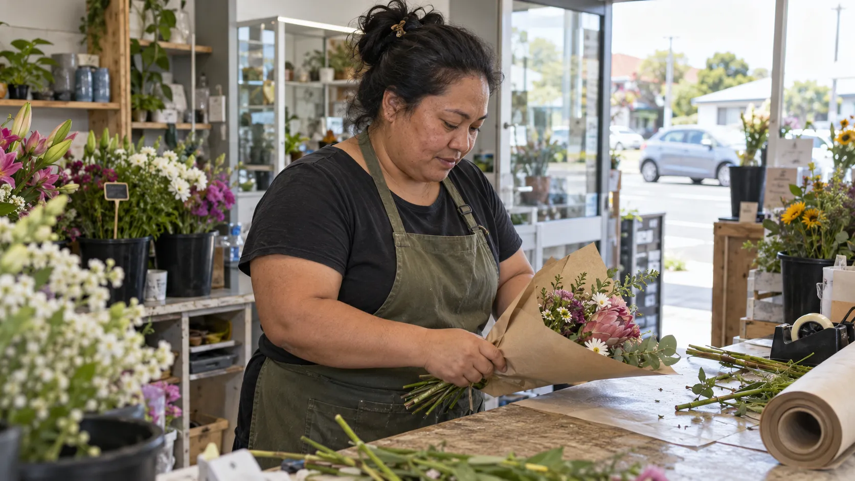 Illustrative scene of a florist wrapping an order at the counter of a neighbourhood flower shop