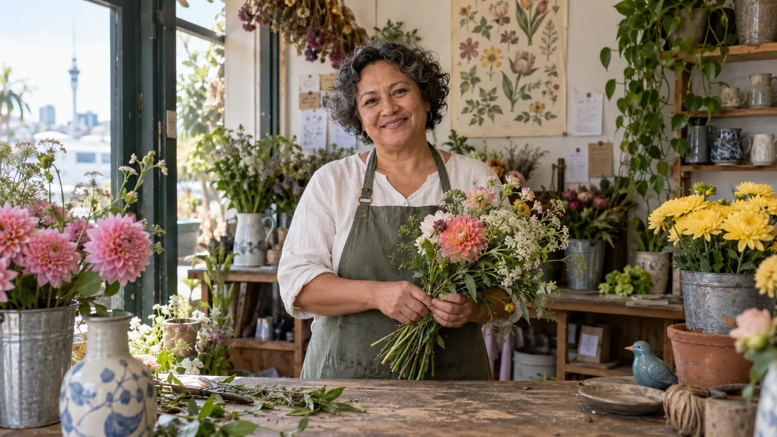 Illustrative scene of a florist surrounded by seasonal flowers, mismatched vases and a botanical poster