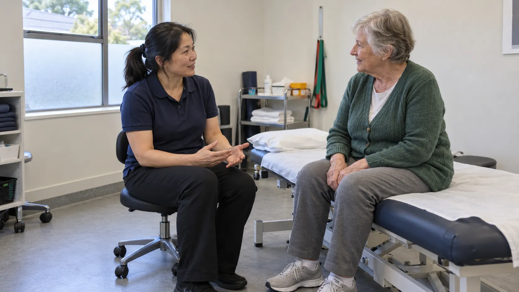 Illustrative scene of a physiotherapist talking with an older patient in a local clinic