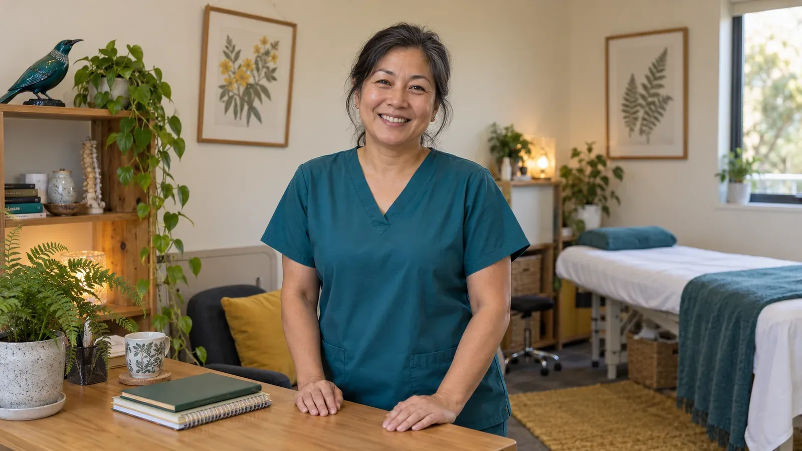 Illustrative scene of a health professional in a welcoming clinic with botanical prints and a ceramic tui