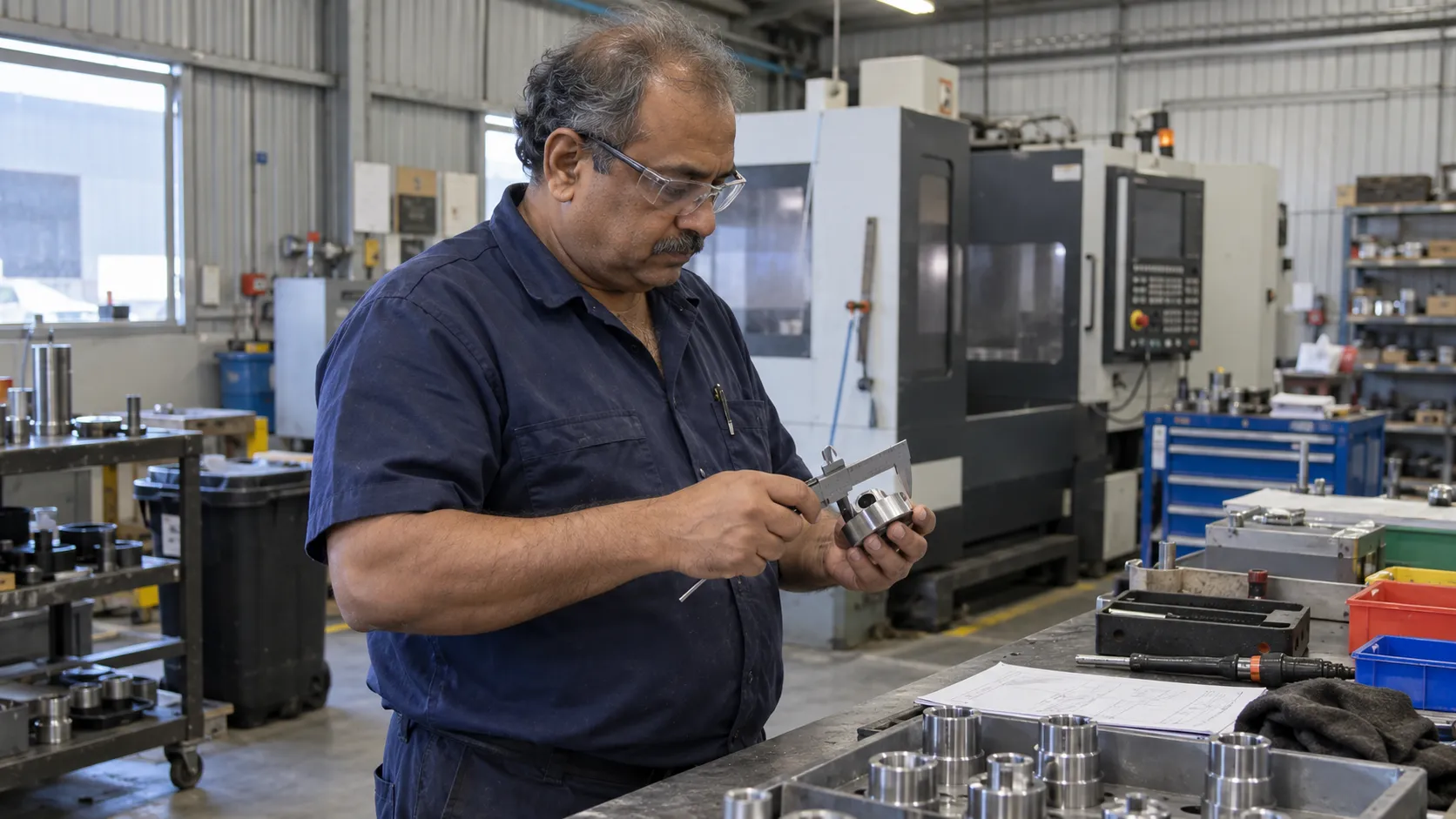 Illustrative scene of a machinist checking a metal component in a working factory