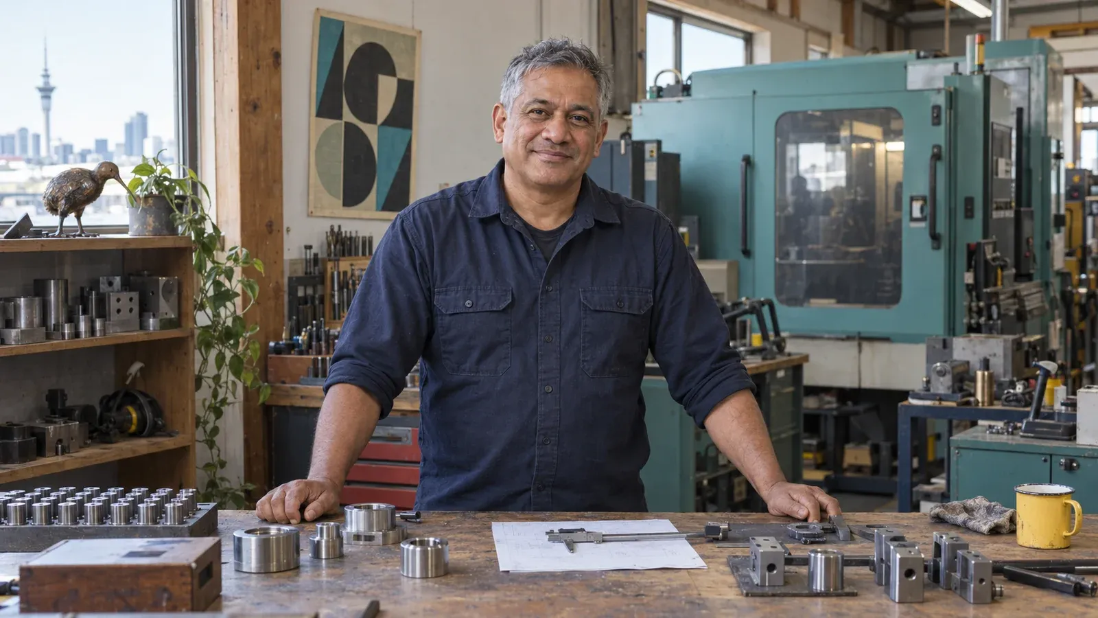Illustrative scene of a manufacturer at an assembly bench with metal components and a handmade kiwi ornament