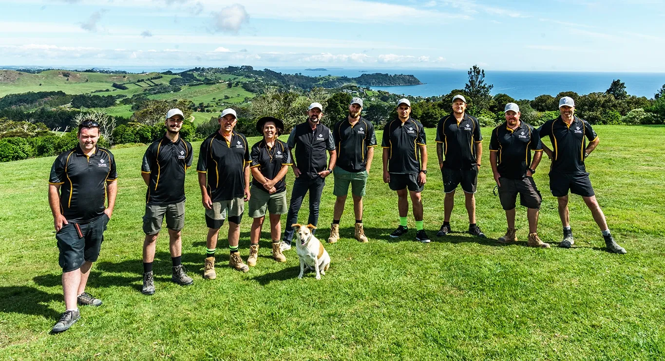 The Tomik building team together on Waiheke Island