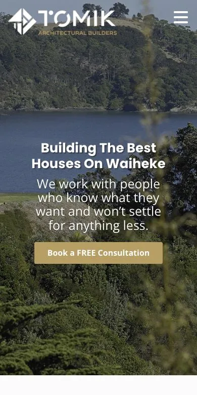 Tomik's mobile website showing its Waiheke building services