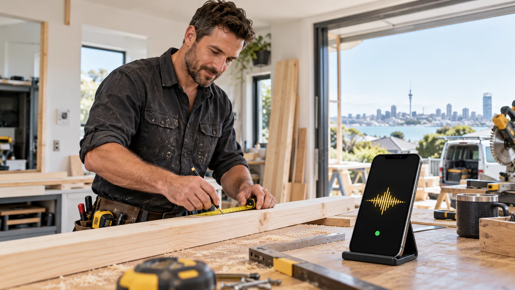 Illustration of a carpenter measuring timber while a phone displays an AI call waveform