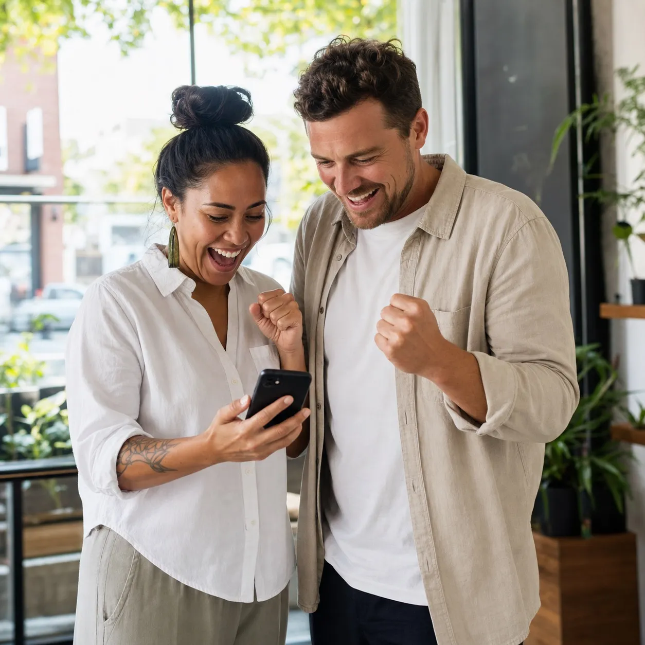A Māori woman and Pākehā man celebrating while checking a smartphone in an Auckland business