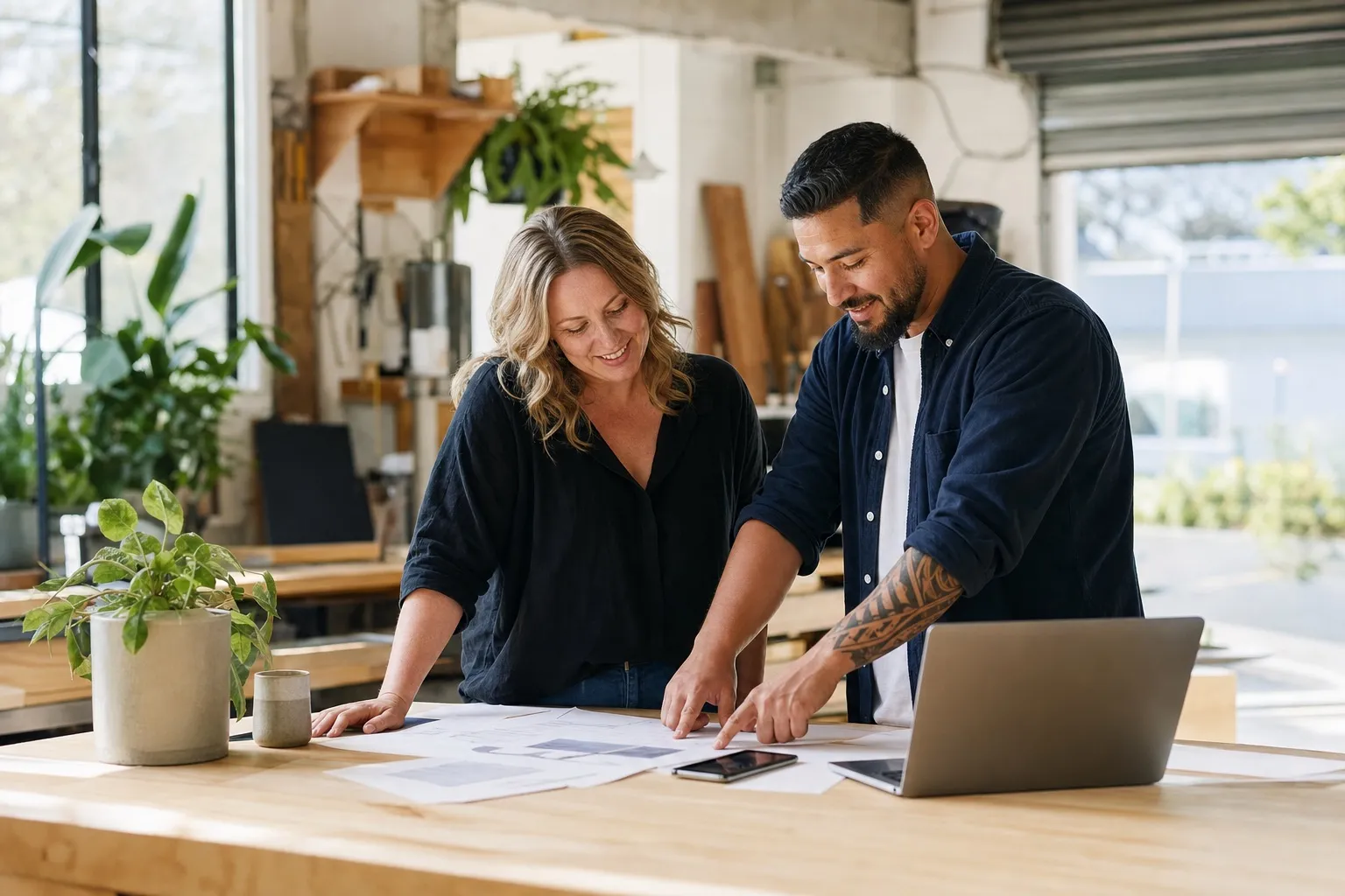 A New Zealand business owner and digital specialist reviewing a practical website plan together