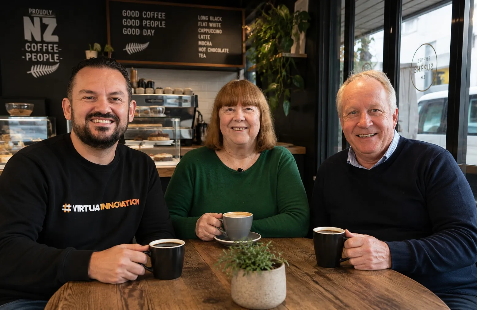 Stephen, Pam and Bryce from Virtual Innovation together at an Auckland café