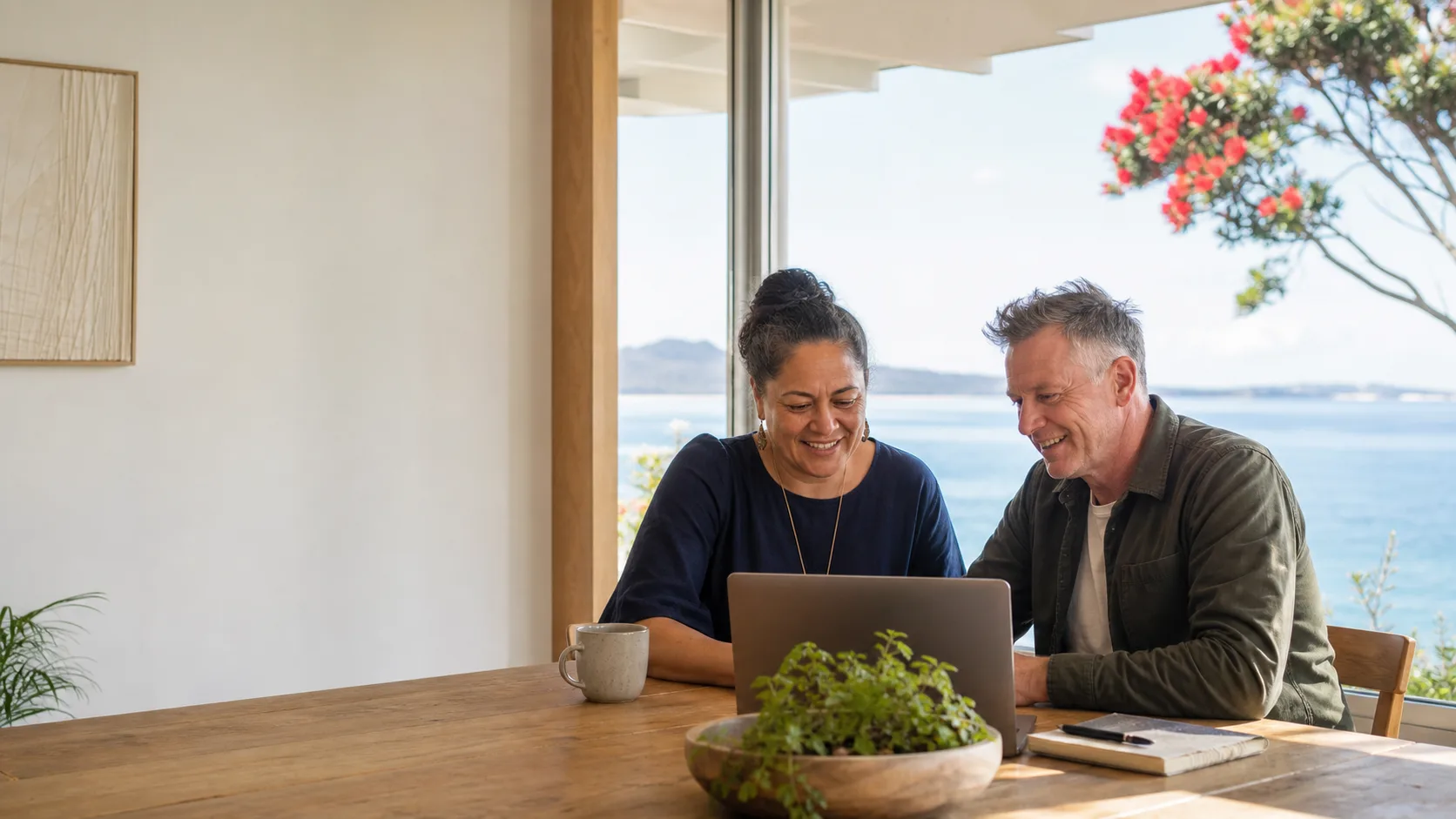 Two New Zealand business owners planning a website together beside Auckland harbour and a pōhutukawa tree