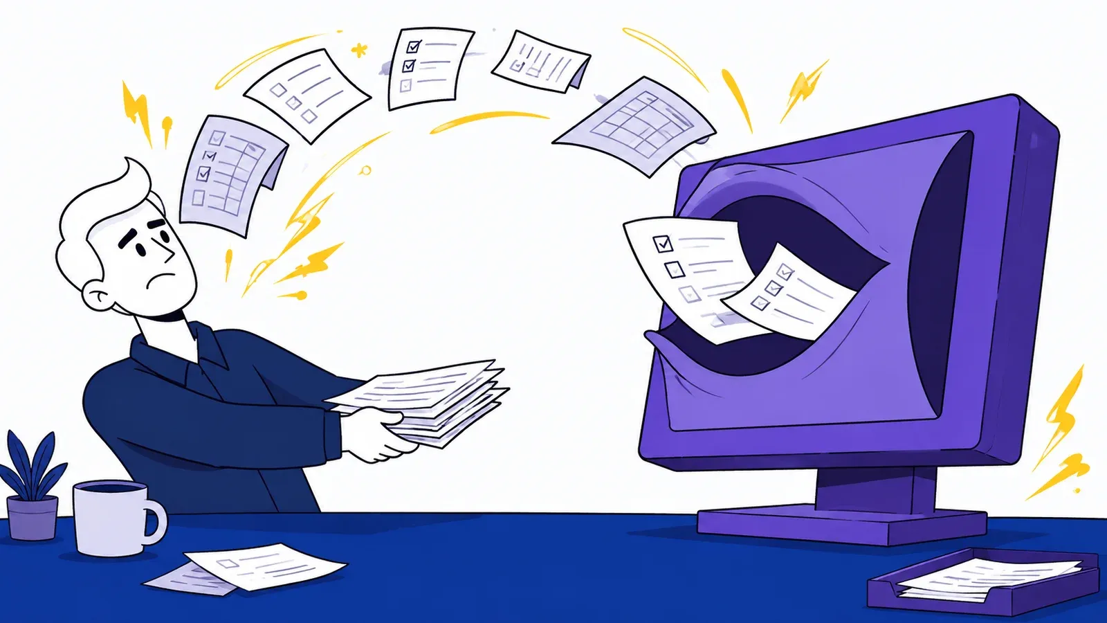 A cartoon business owner feeding paperwork into a hungry purple CRM