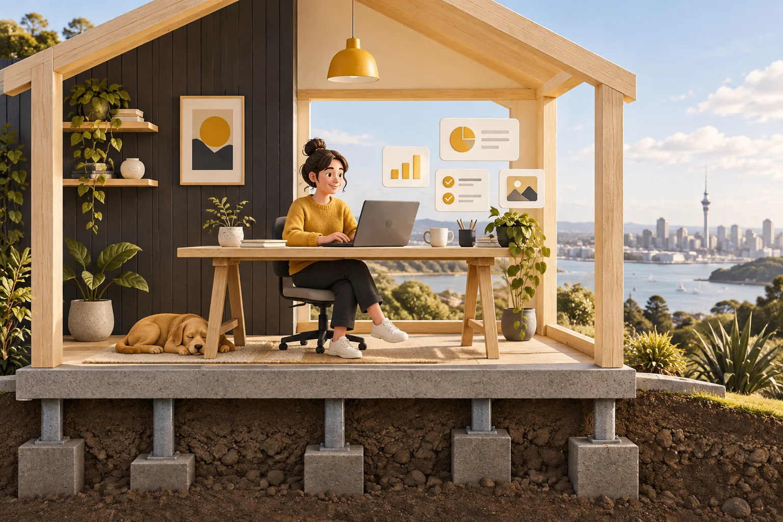 Illustration of an Auckland business owner building an app on strong foundations
