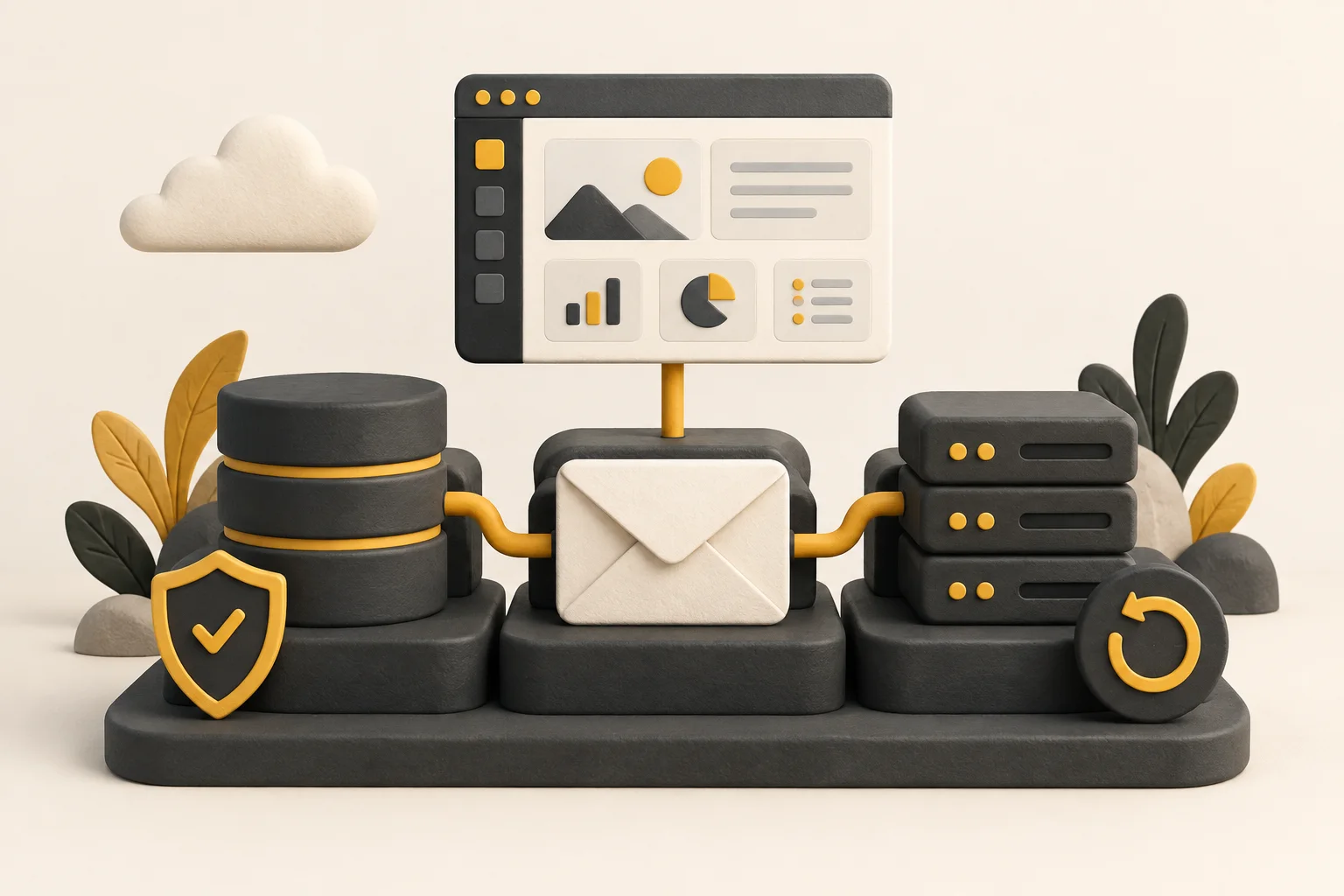 Illustration of hosting, a database, email and backup modules supporting a business application