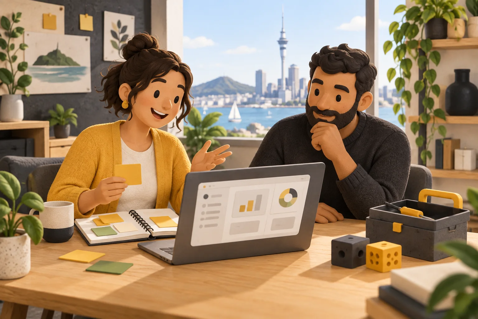 Illustration of a business owner and a technical adviser reviewing an app together in Auckland