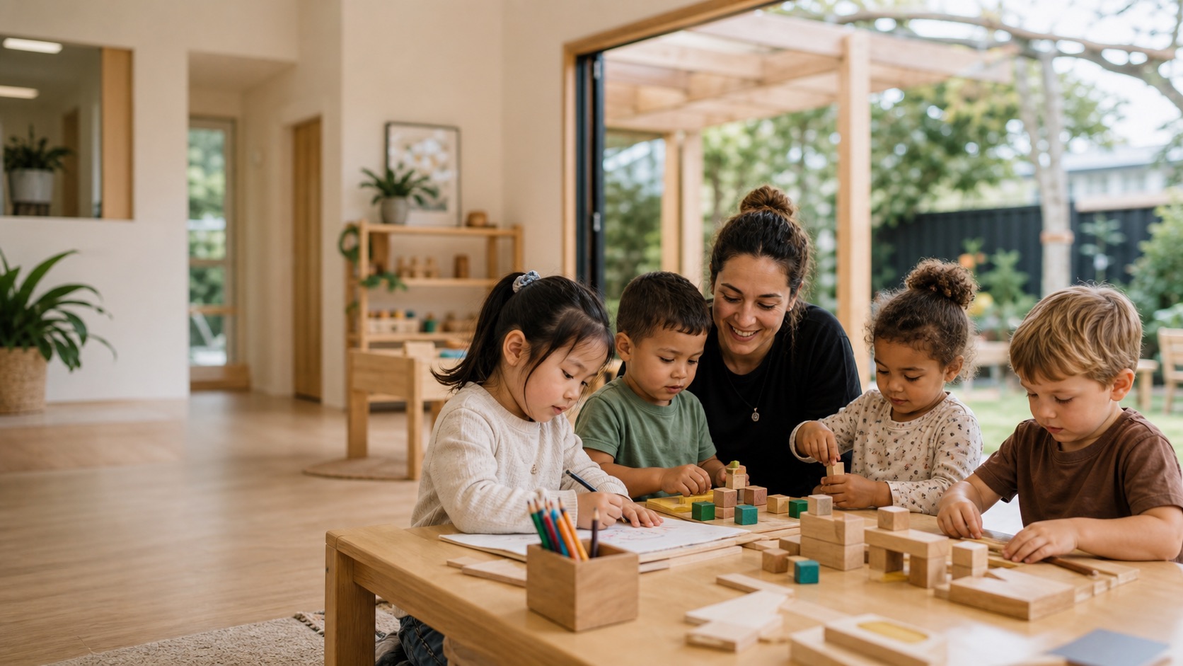 New Zealand early childhood teacher supporting children at a bright childcare centre