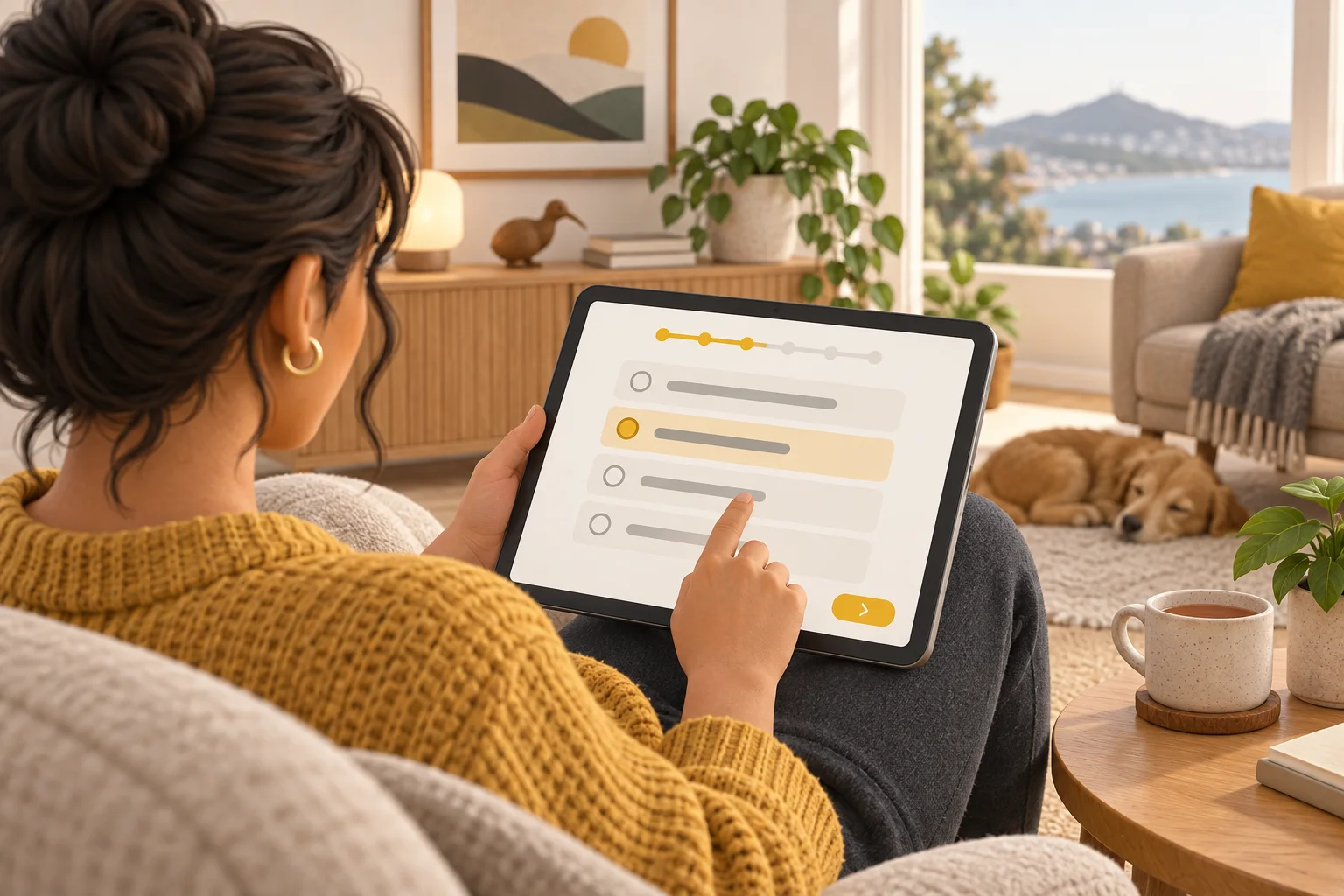 Illustration of a client completing a clearly presented assessment on a tablet at home