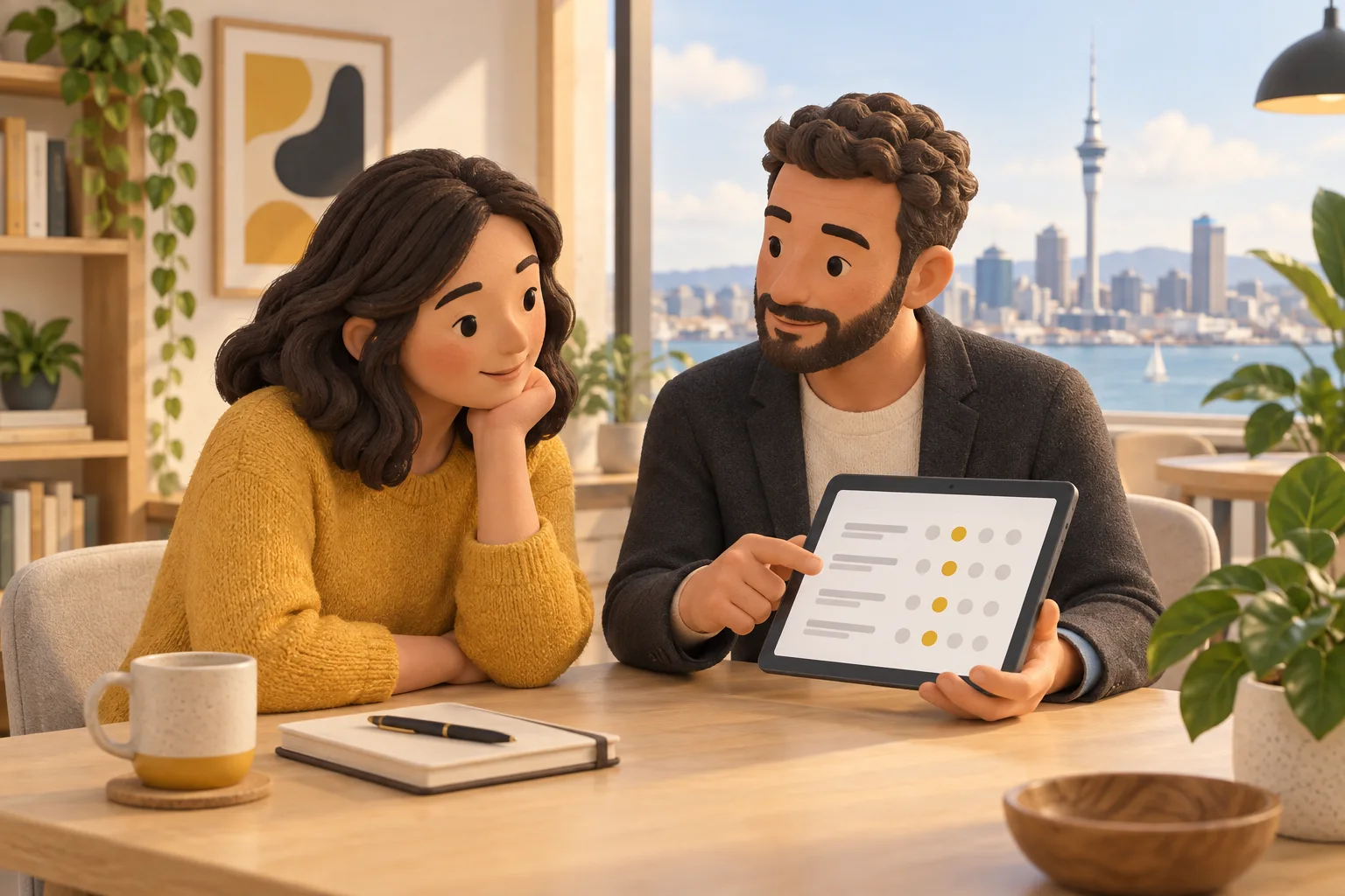 Illustration of an Auckland adviser and client discussing an online assessment together
