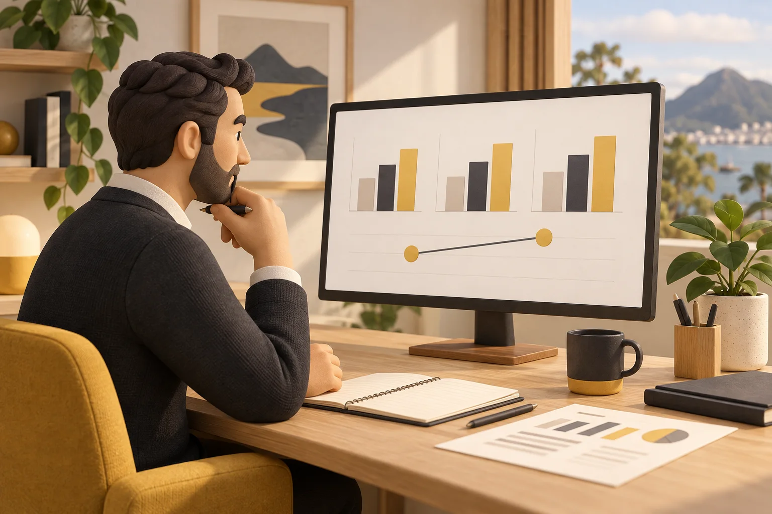 Illustration of an adviser reviewing assessment charts and a report before a client discussion