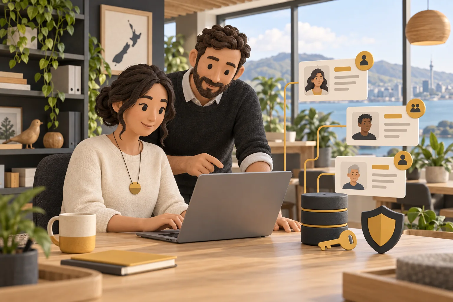 Illustration of two advisers coordinating client records with controlled access in an Auckland workspace