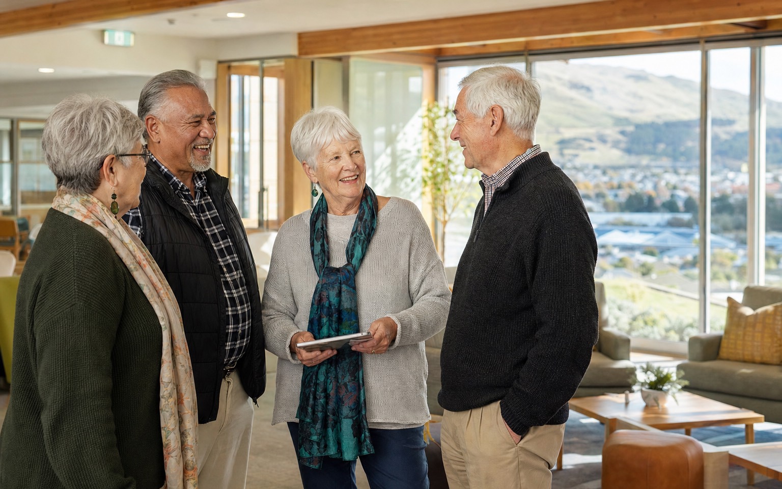 Older New Zealanders talking in a welcoming Christchurch retirement community centre