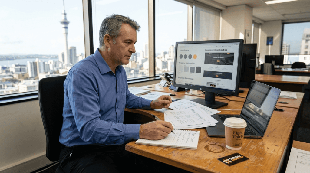 Business owner reviewing website redesign options