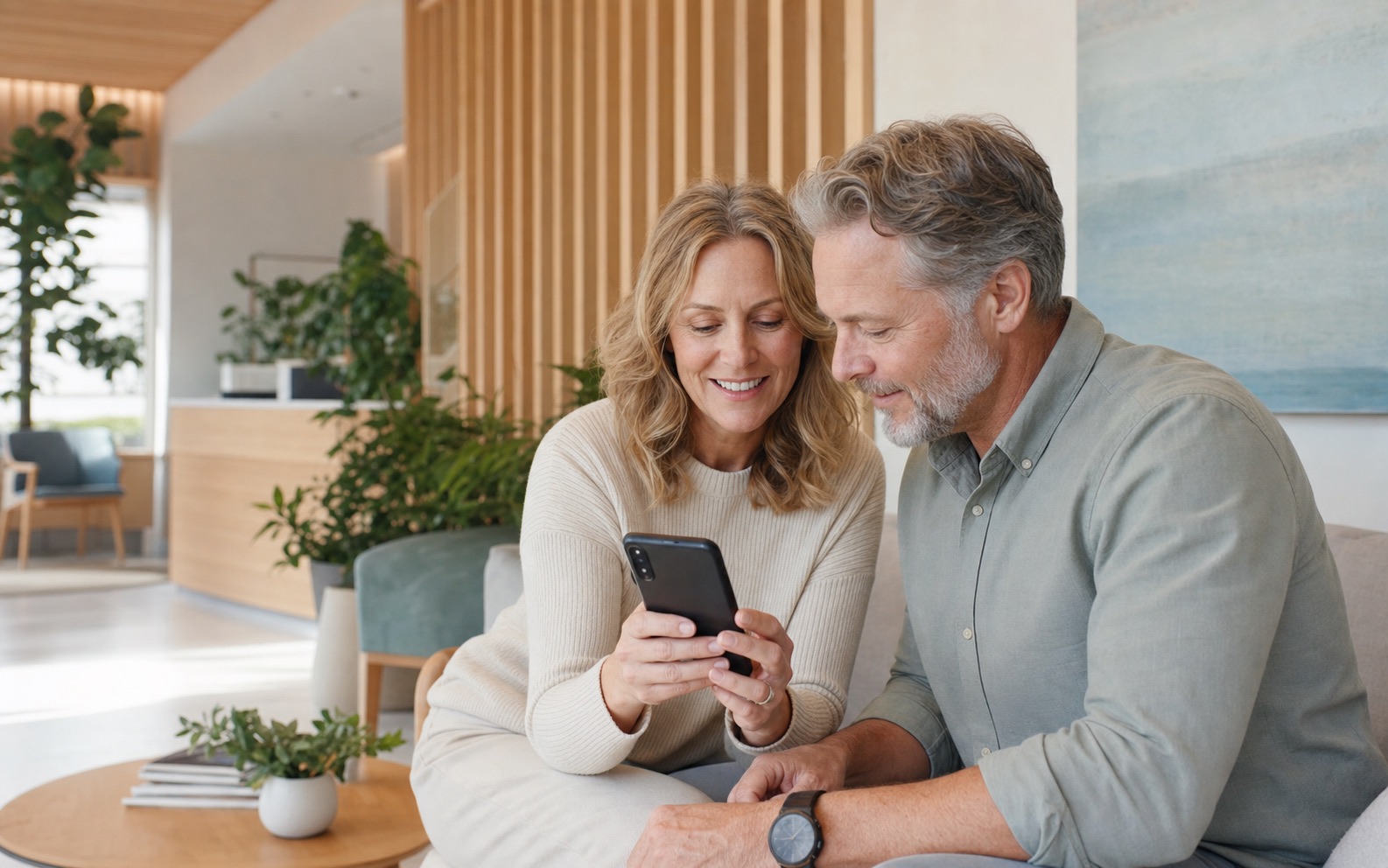 A New Zealand couple using a smartphone to review specialist appointment information in a calm private clinic waiting area