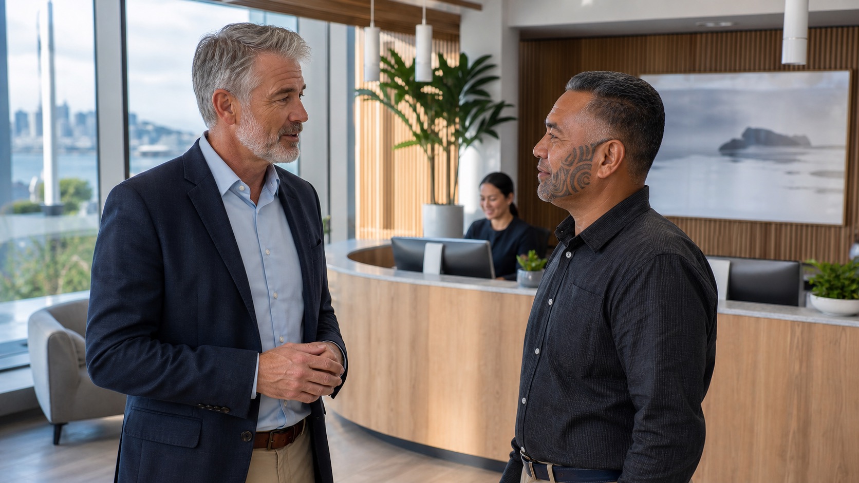 A senior New Zealand surgeon speaking respectfully with an adult Māori patient in a welcoming Auckland specialist clinic