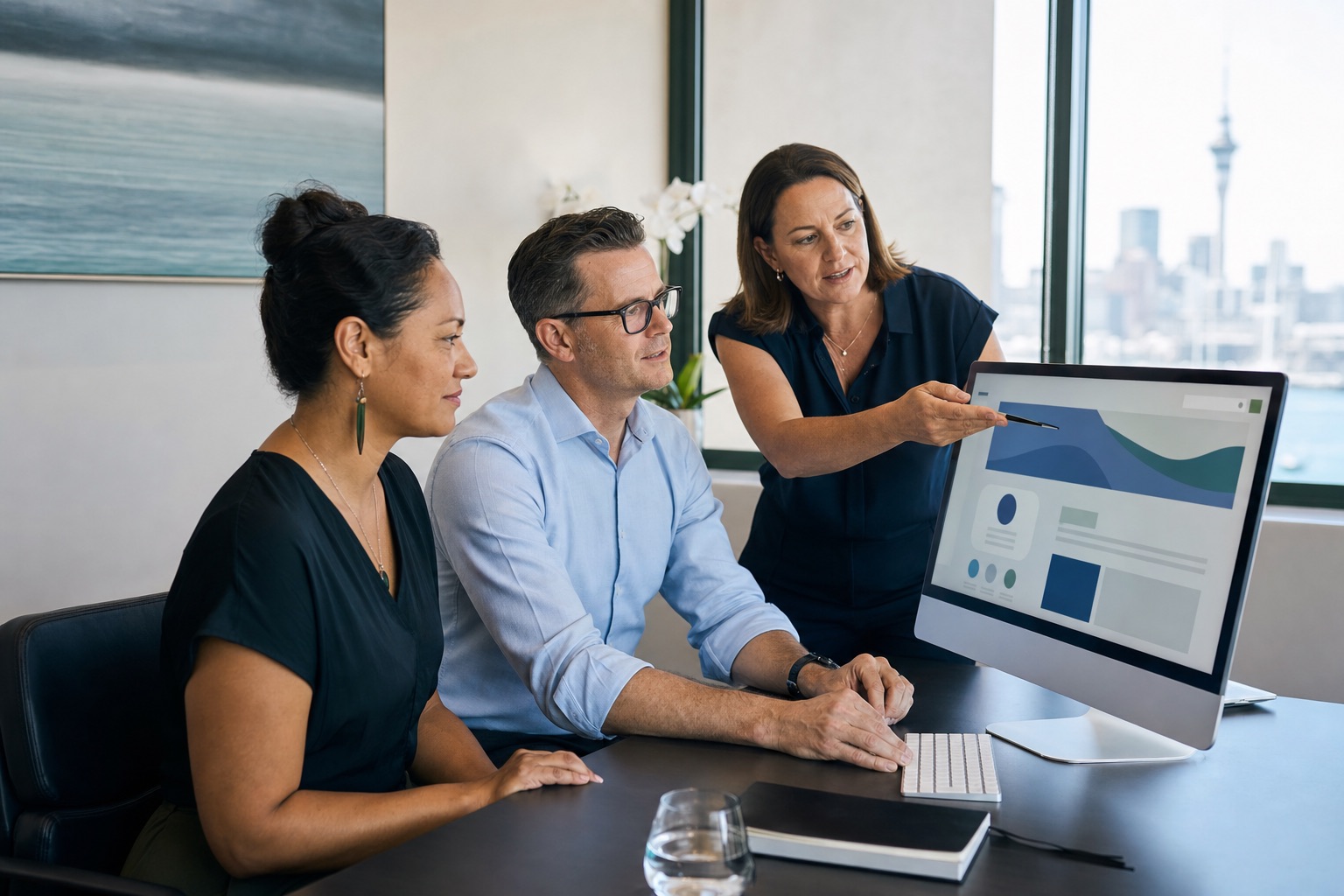 Two New Zealand surgeons and a practice manager reviewing clear specialist website information in an Auckland private practice