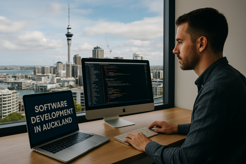 Web Design Image Software Developer in Auckland sitting at a desk with a computer and a window with a city view