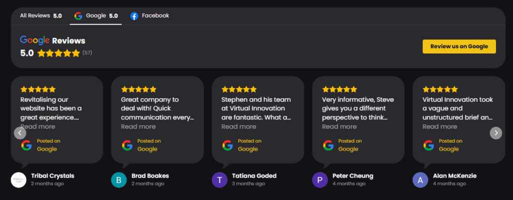 Web Design Image Google reviews on website showing client testimonials