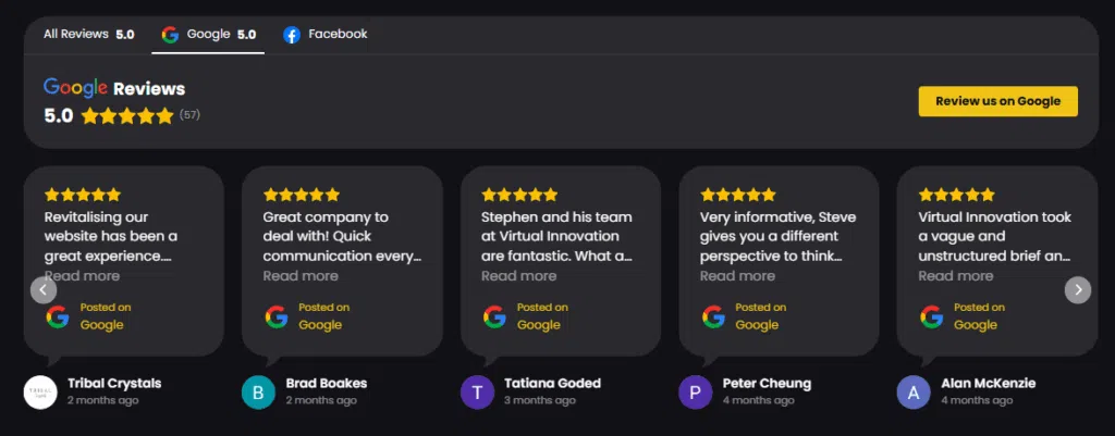 Google reviews on website showing client testimonials