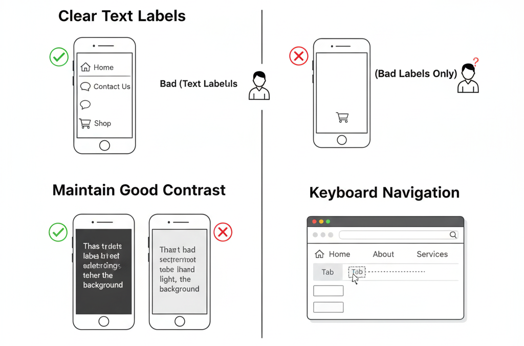Accessible website menu with clear text labels and strong color contrast