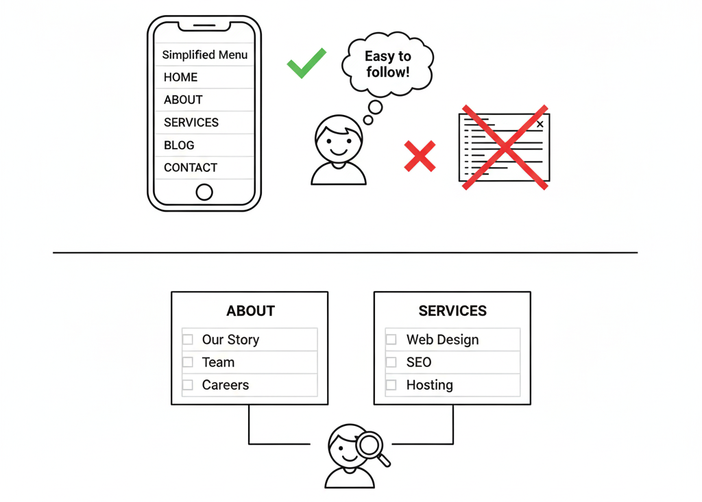 Simplified website menu with clear top-level links and organized dropdowns