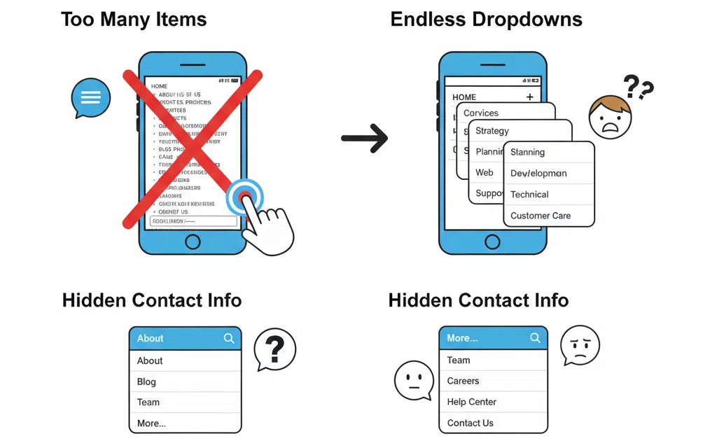 When Was the Last Time You Looked at Your Website Menu? 2 Web Design Image Cluttered website menu with too many dropdowns causing navigation issues on mobile