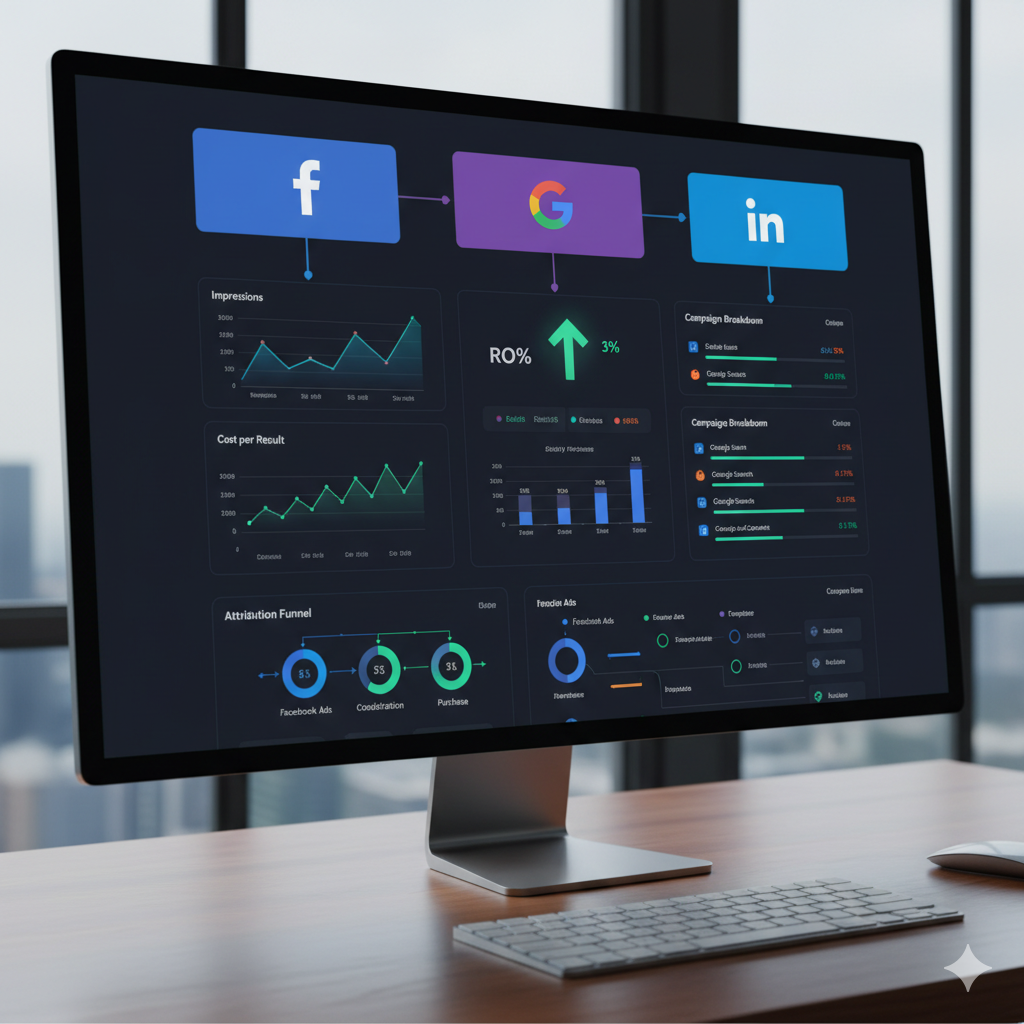 Ads and analytics dashboard tracking Facebook, Google, and LinkedIn campaigns
