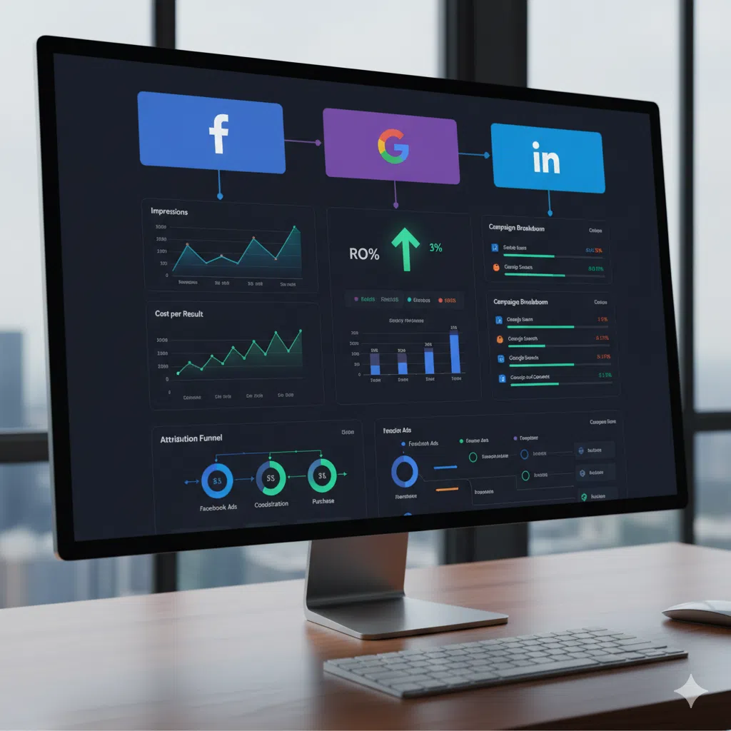 Your Business Is Only as Good as Its Database 7 Web Design Image Ads and analytics dashboard tracking Facebook, Google, and LinkedIn campaigns