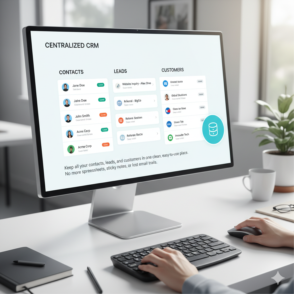 Centralised CRM dashboard showing organised contacts, leads, and customer details