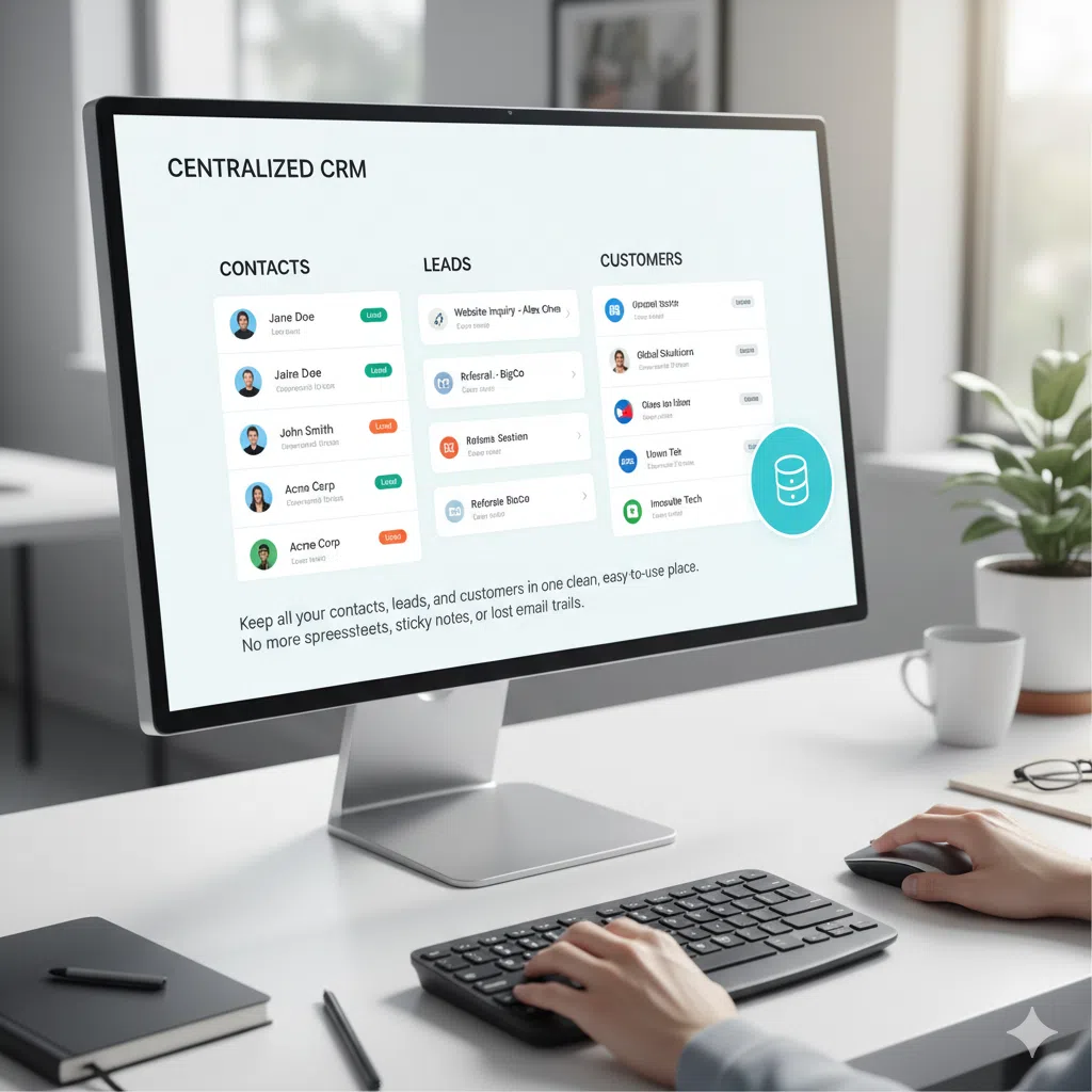 Your Business Is Only as Good as Its Database 1 Web Design Image Centralised CRM dashboard showing organised contacts, leads, and customer details