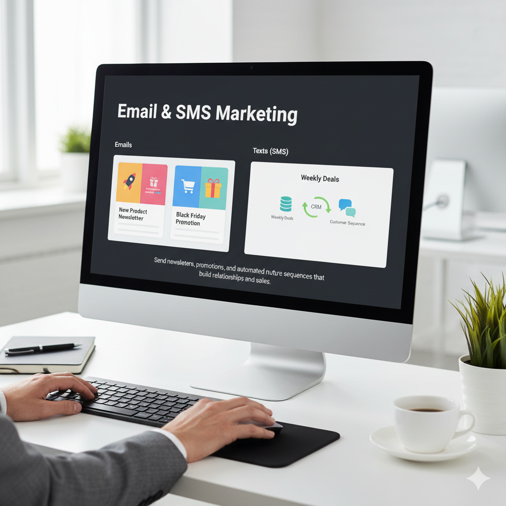 Email and SMS marketing campaigns for newsletters, promotions, and nurture sequences