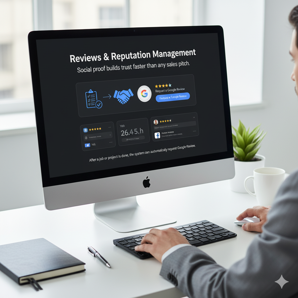 CRM system managing customer reviews and social proof after projects