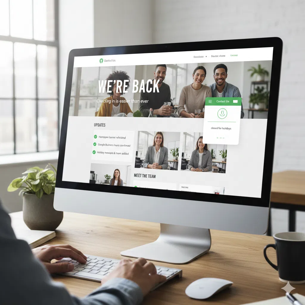 We’re Back! Easy Website Wins to Start the Year (No Rush) 1 Web Design Image Homepage website checklist showing updated banner, business hours, and removal of holiday closure messages
