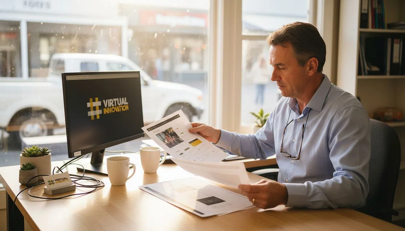 Business owner reviews website design mockups at cluttered desk