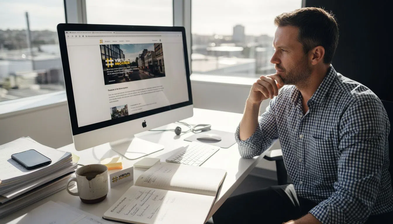 Business owner reviews website for branding consistency