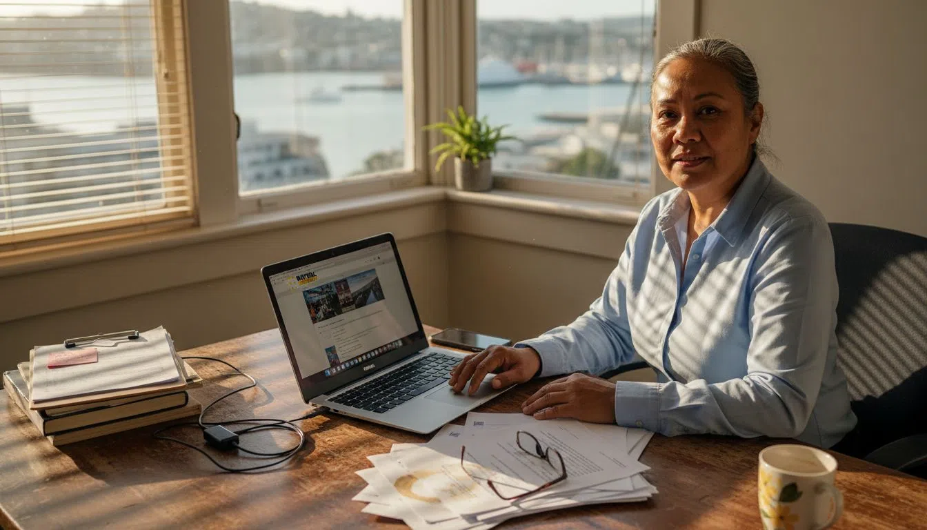 NZ business owner updating website in office